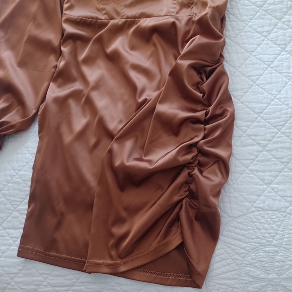 One-Shoulder Bustier Ruched Satin Effect Mini Dress Copper M - Picture 6 of 13